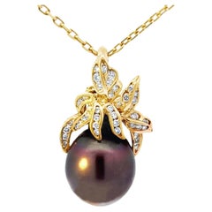 15 Mm Black Tahitian Pearl Diamond Pendant on Hermes Link Chain 18k Yellow Gold