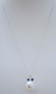 15 Mm Pearl, Sapphires, Diamonds, Platinum Pendant.