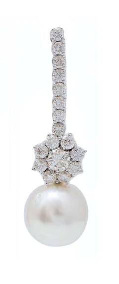 15 Mm Pearls, Diamonds, 14 Karat White Gold Earrings.