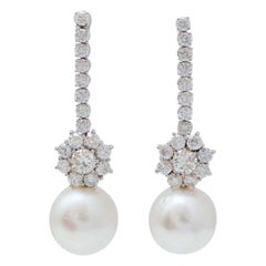 Vintage 15 Mm Pearls, Diamonds, 14 Karat White Gold Earrings.