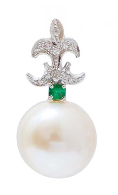 15 Mm Pearls, Emeralds, Diamonds, Platinum Earrings.