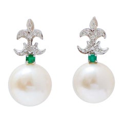 15 Mm Pearls, Emeralds, Diamonds, Platinum Earrings.