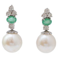 15 Mm Pearls, Emeralds, Diamonds, Platinum Earrings.