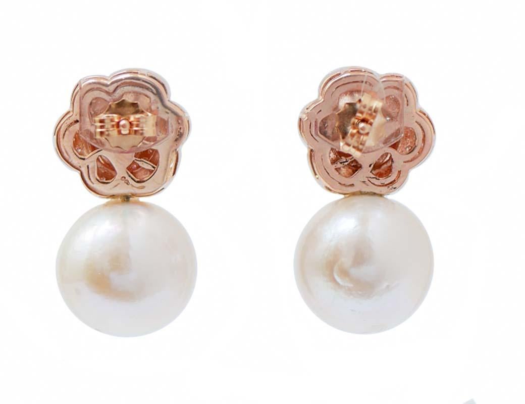 Moderno Orecchini moderni da 15 mm con perle, rubini, diamanti, oro rosa 18 carati. in vendita