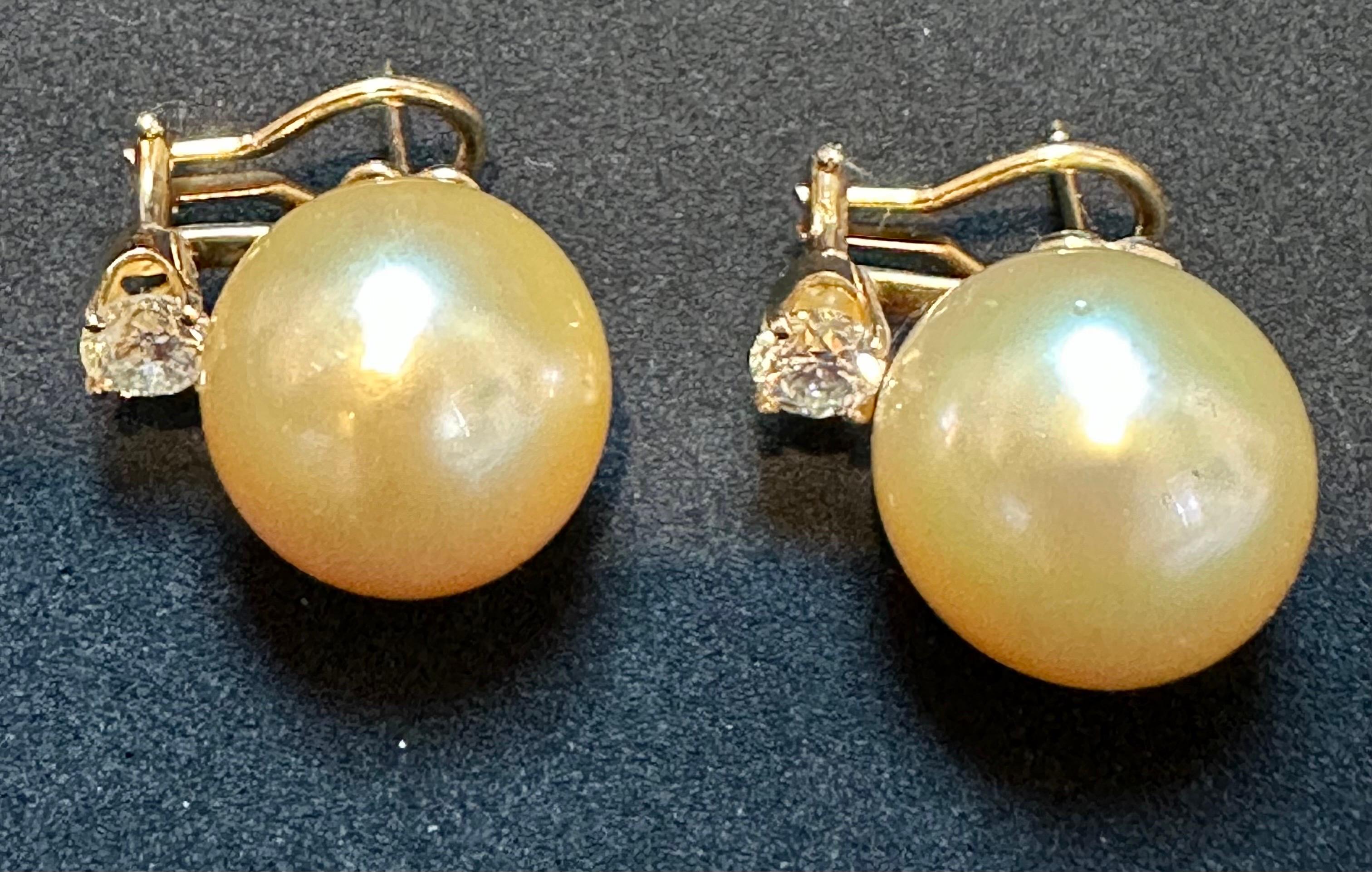 15 mm Round Golden  South Sea Pearl & 1 Ct Diamond Cocktail Stud Earrings 14 KG For Sale 6