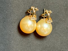 15 mm Round Golden  South Sea Pearl & 1 Ct Diamond Cocktail Stud Earrings 14 KG