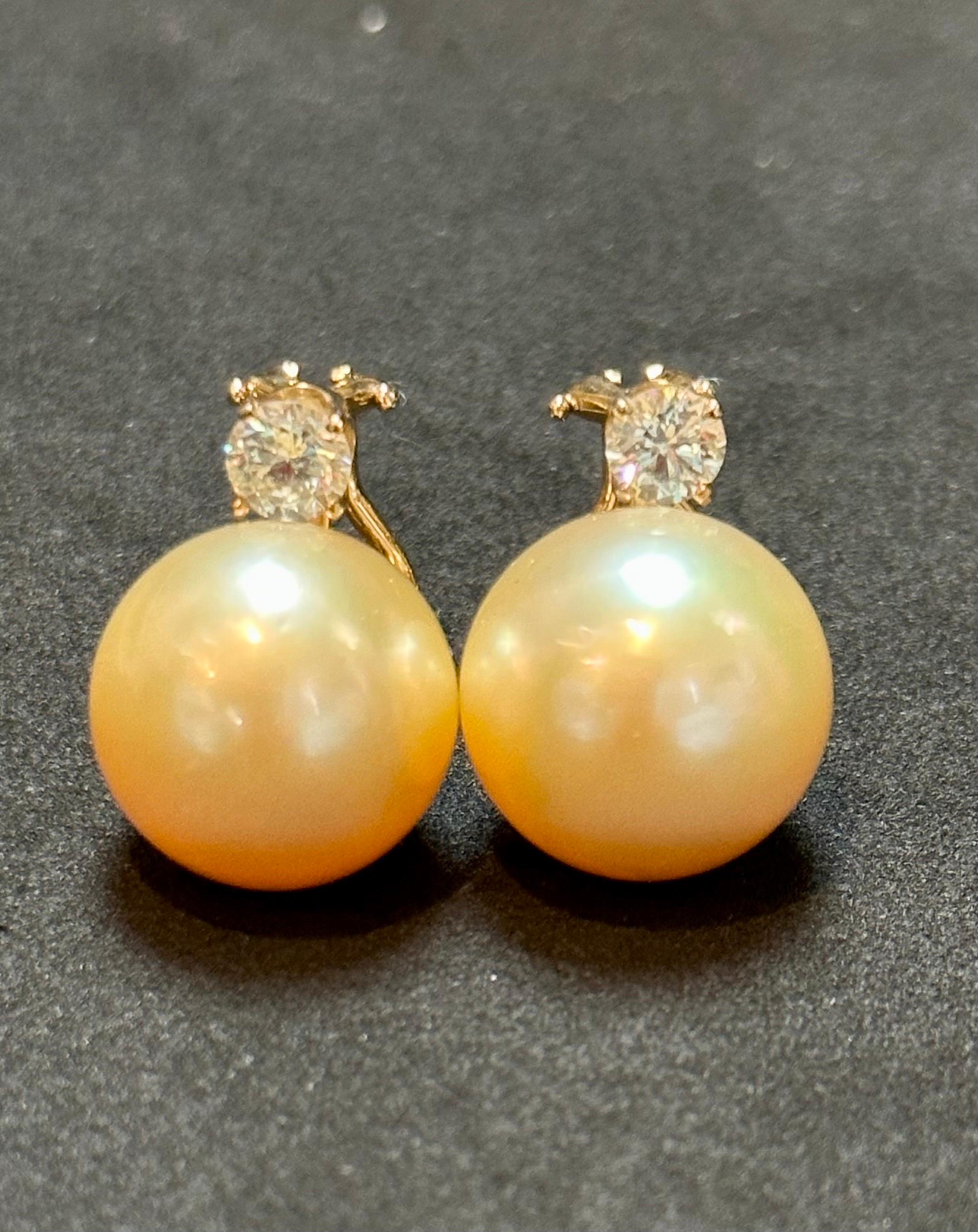 Round Cut 15 mm Round Golden  South Sea Pearl & 1 Ct Diamond Cocktail Stud Earrings 14 KG For Sale