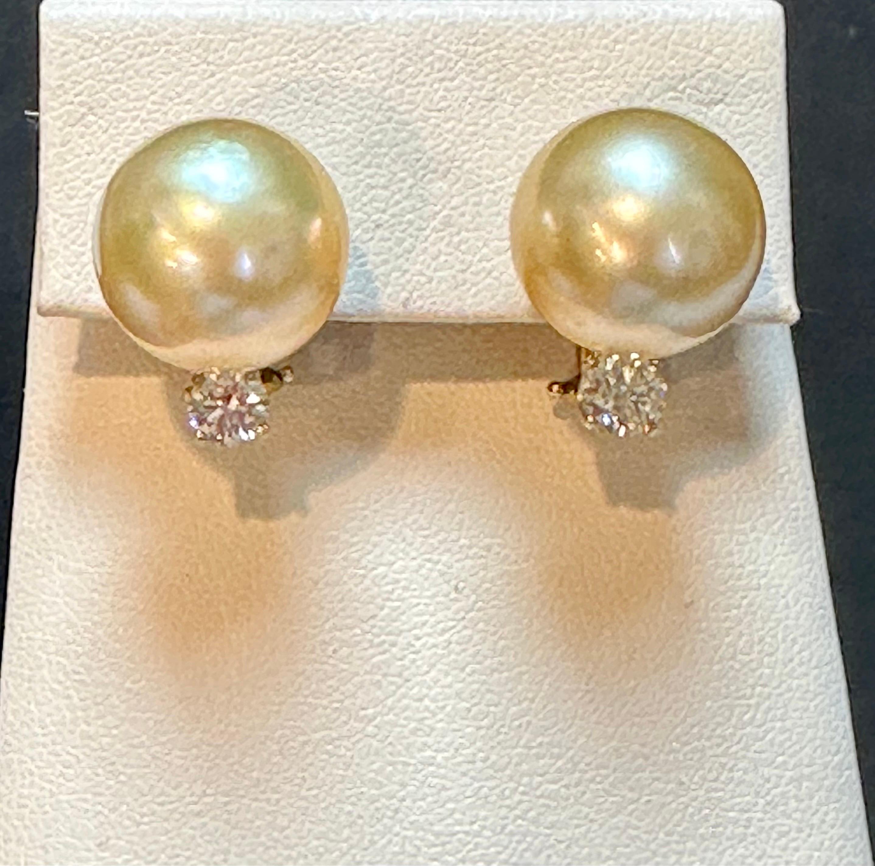15 mm Round Golden  South Sea Pearl & 1 Ct Diamond Cocktail Stud Earrings 14 KG For Sale 3