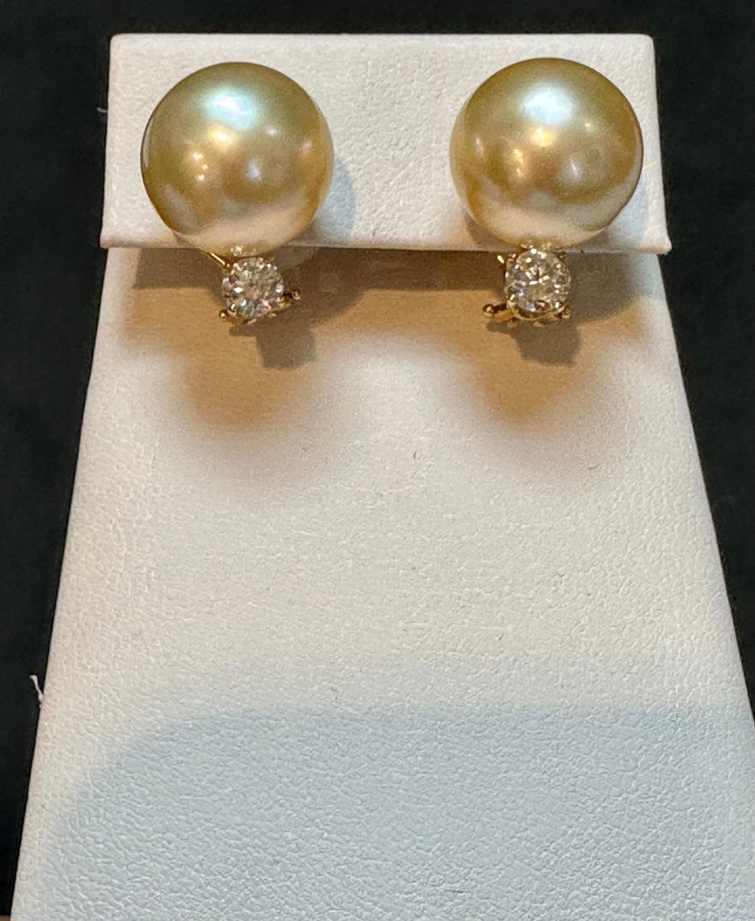15 mm Round Golden  South Sea Pearl & 1 Ct Diamond Cocktail Stud Earrings 14 KG For Sale 4