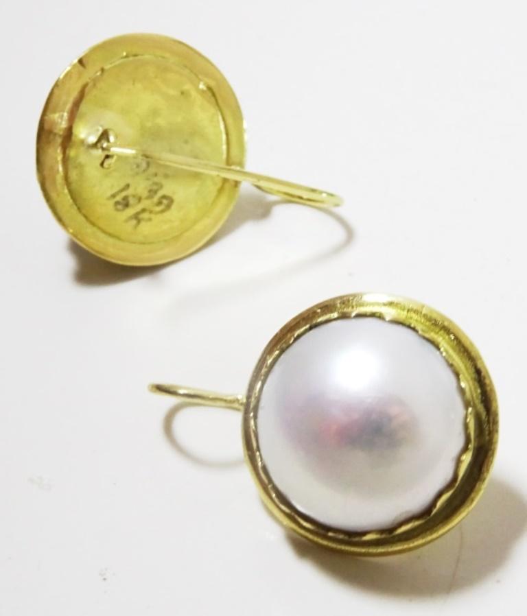 Artisan 15 mm Round Pearl and 18 karat Gold Earrings. For Sale