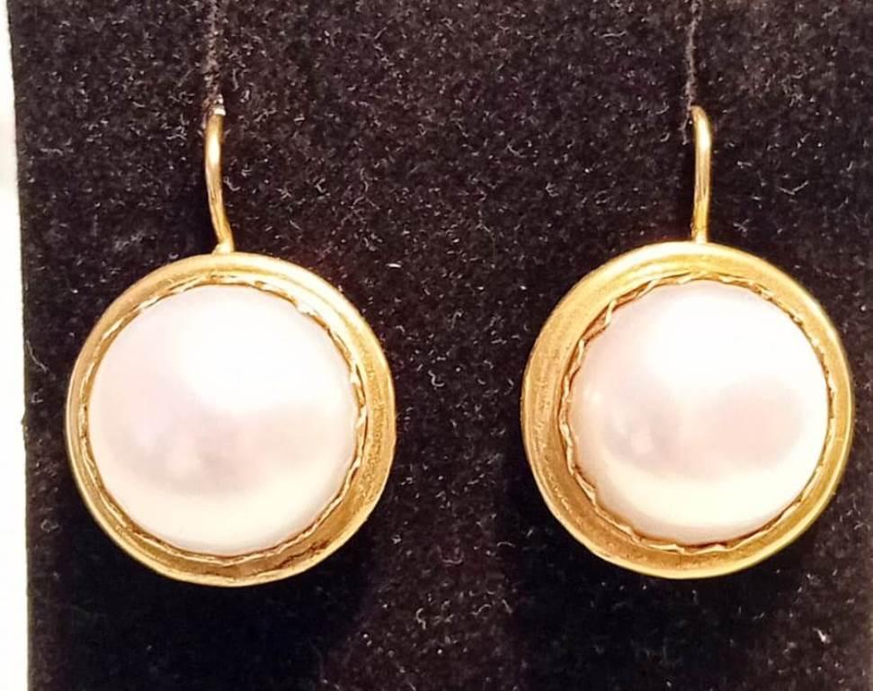 Round Cut 15 mm Round Pearl and 18 karat Gold Earrings. For Sale