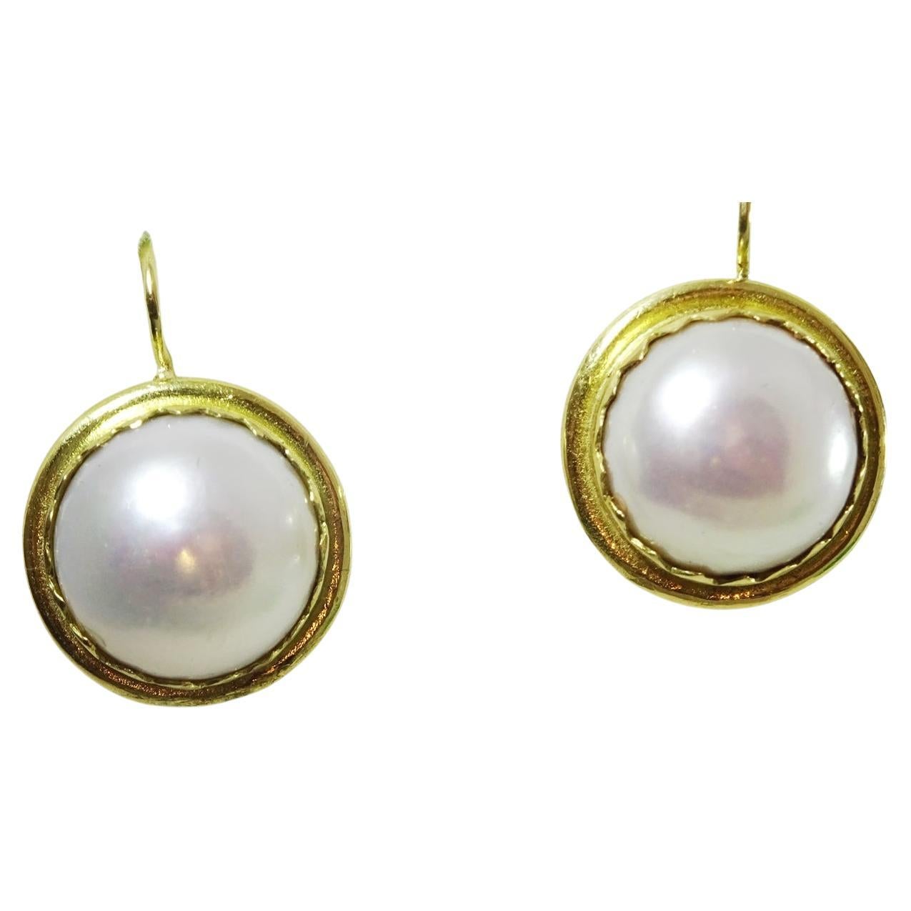 15 mm Round Pearl and 18 karat Gold Earrings. For Sale
