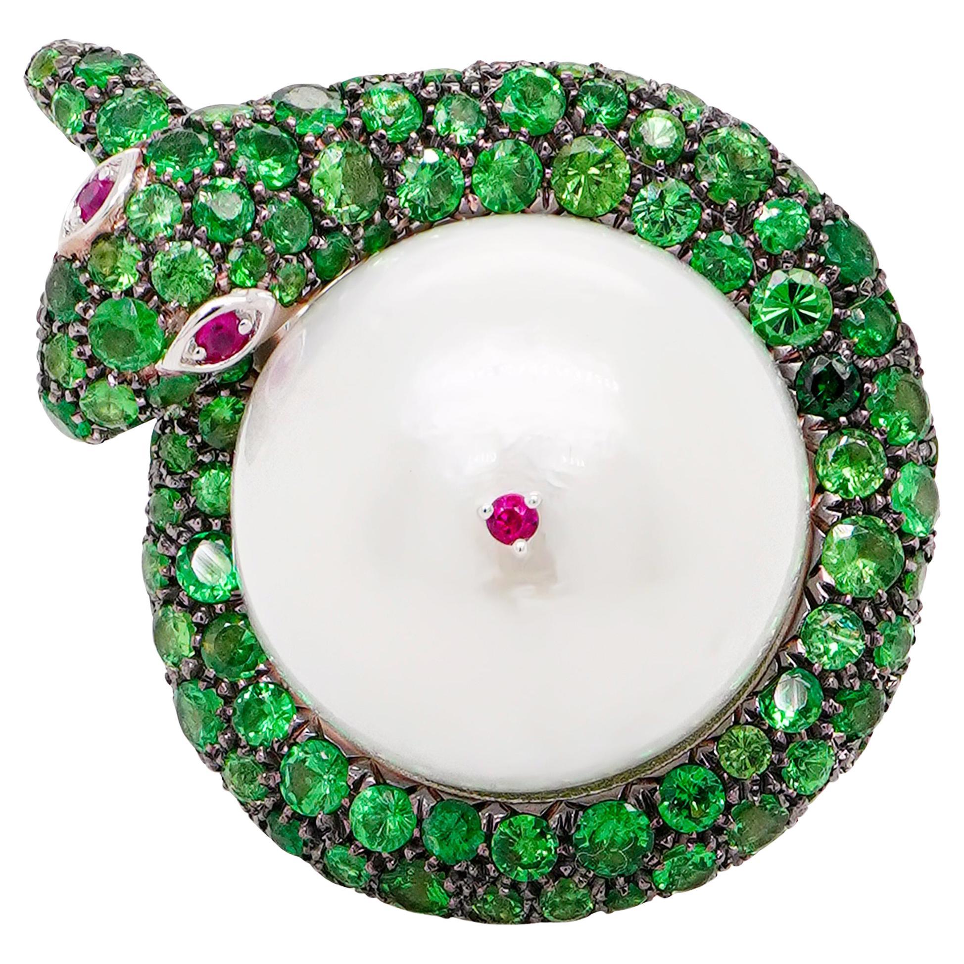 15 MM South Sea Pearl Wrapped In Tsavorite Snake Designer Ring 18K Head Turner