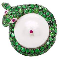 15 MM South Sea Pearl Wrapped In Tsavorite Snake Designer Ring 18K Head Turner