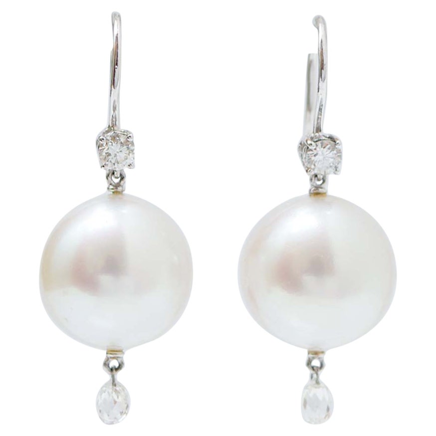 15 Mm South-sea Pearls, Briolé Diamonds, Diamonds, Platinum Dangle Earrings. For Sale