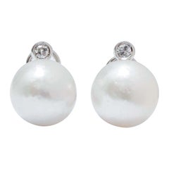 15 Mm South-Sea Pearls, Diamonds, 14 Karat White Gold Earrings.