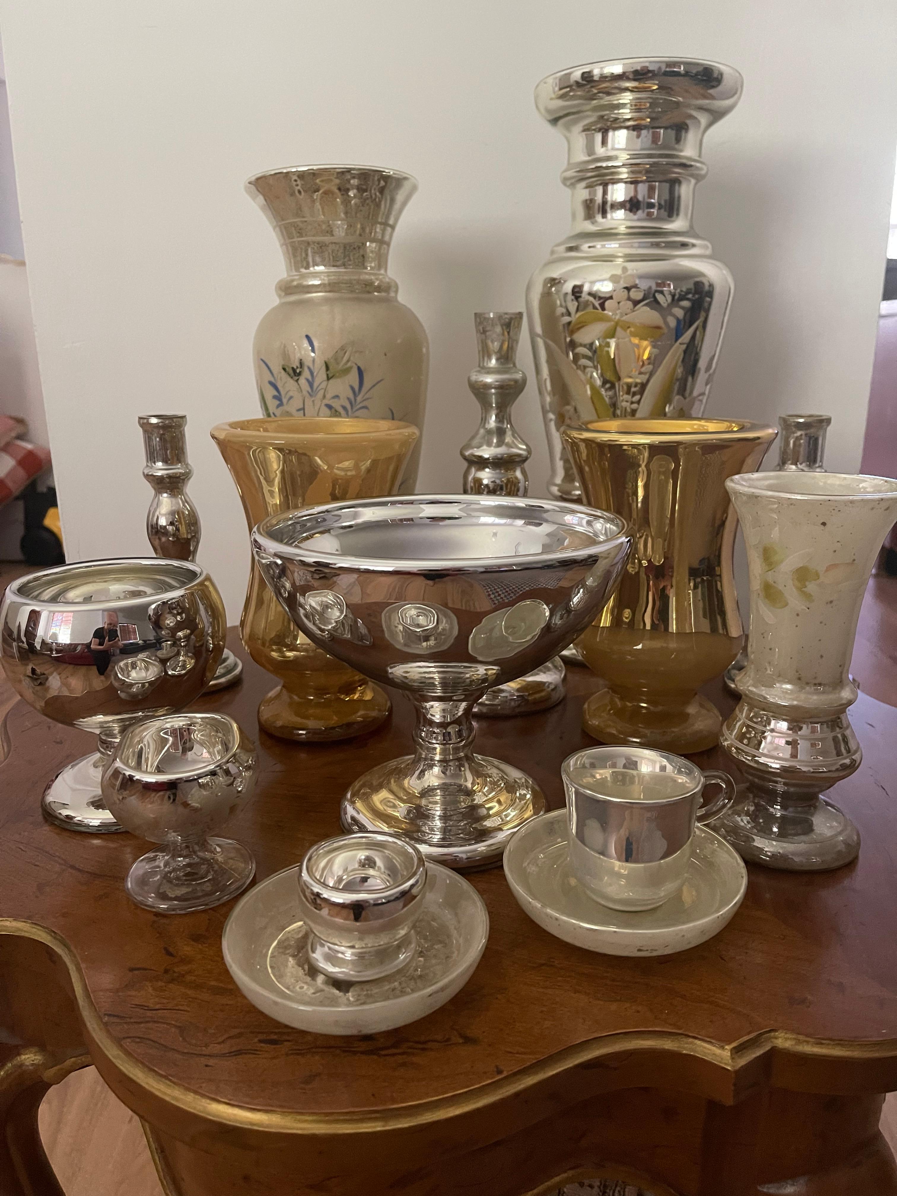 American Classical 15 pcs Collection Mercury Glass Vases and Bowls For Sale