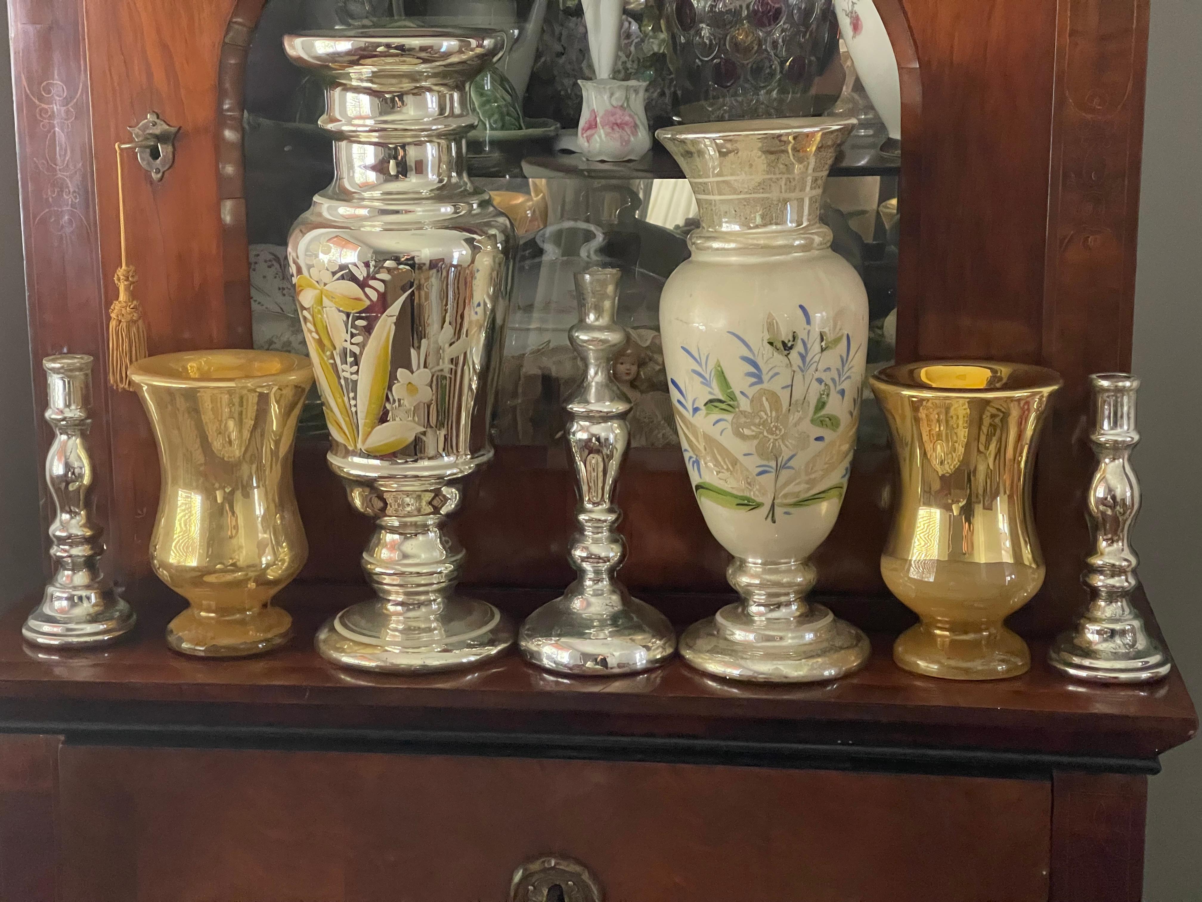 15 pcs Collection Mercury Glass Vases and Bowls For Sale 1