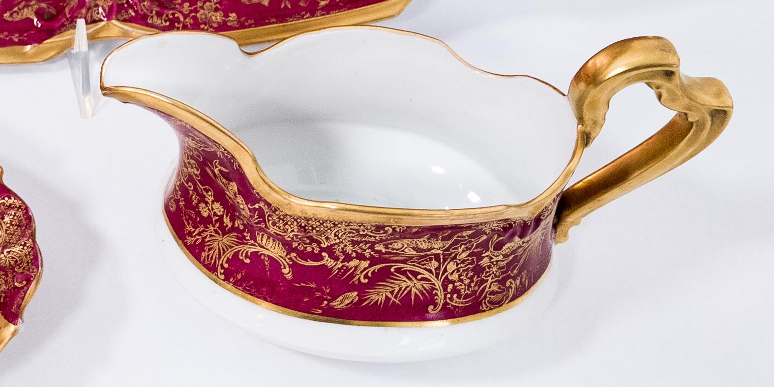 Gold 15 Piece Fish Set with Platter, Sauce Boat & 12 Plates, Antique Limoges Ruby
