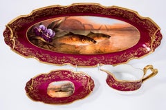 15 Piece Fish Set with Platter, Sauce Boat & 12 Plates, Antique Limoges Ruby