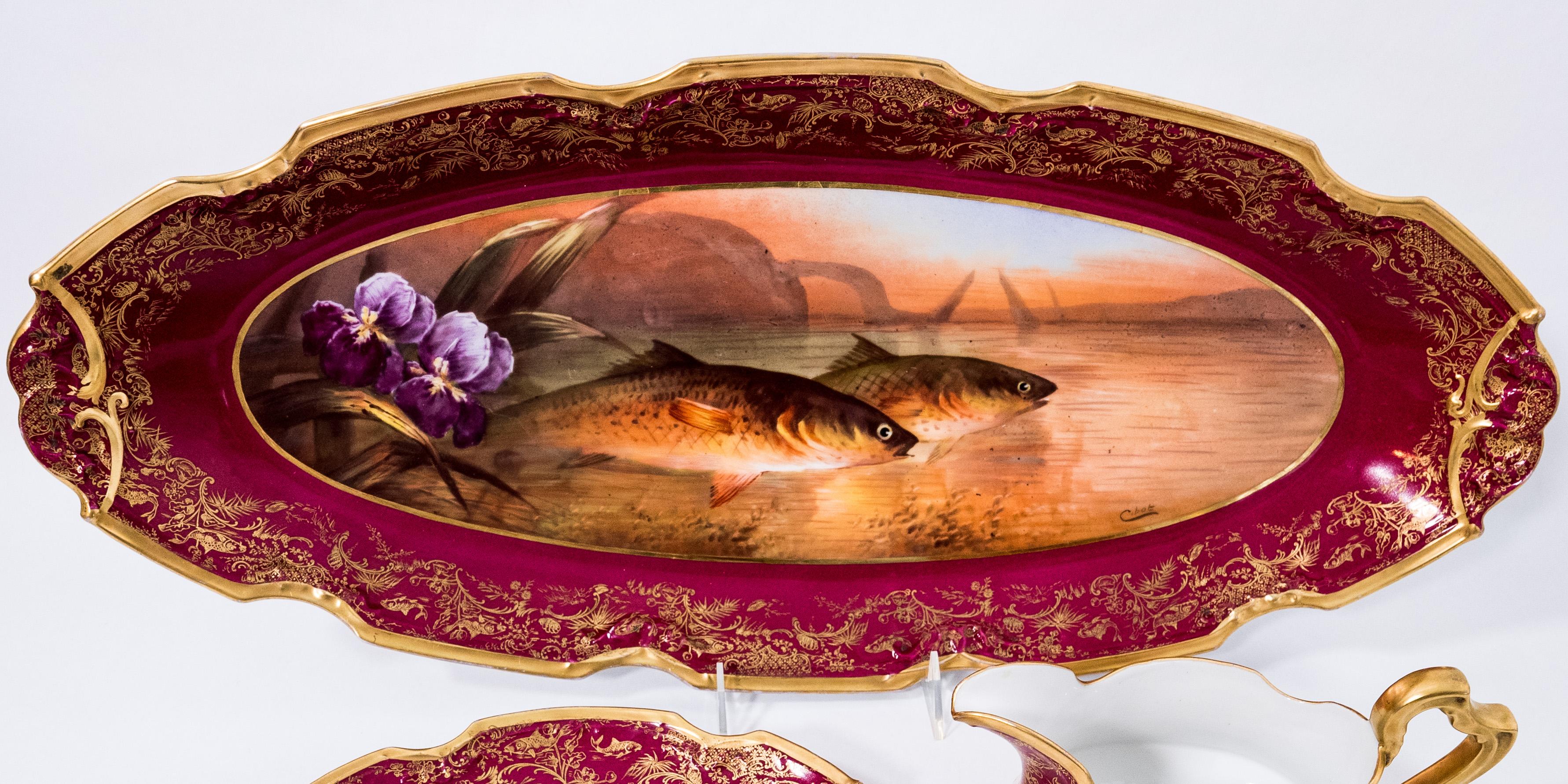 Hand-Crafted 15 Piece Fish Set with Platter, Sauce Boat & 12 Plates, Antique Limoges Ruby