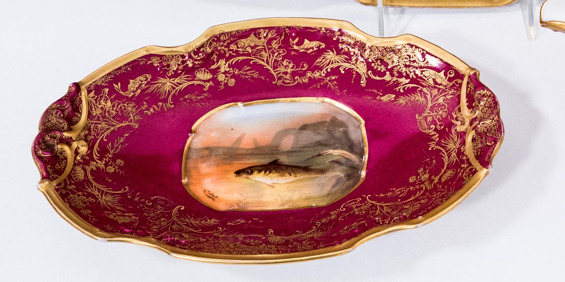 Late 19th Century 15 Piece Fish Set with Platter, Sauce Boat & 12 Plates, Antique Limoges Ruby