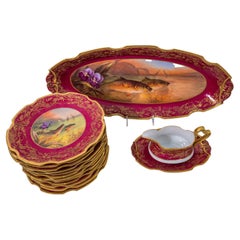 15 Piece Fish Set with Platter, Sauce Boat & 12 Plates, Antique Limoges Ruby