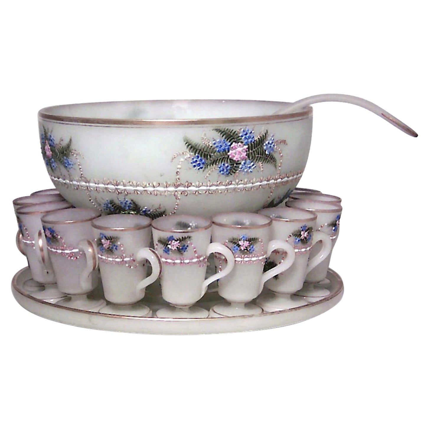15-Piece French Victorian Opaline Punch Bowl Set For Sale