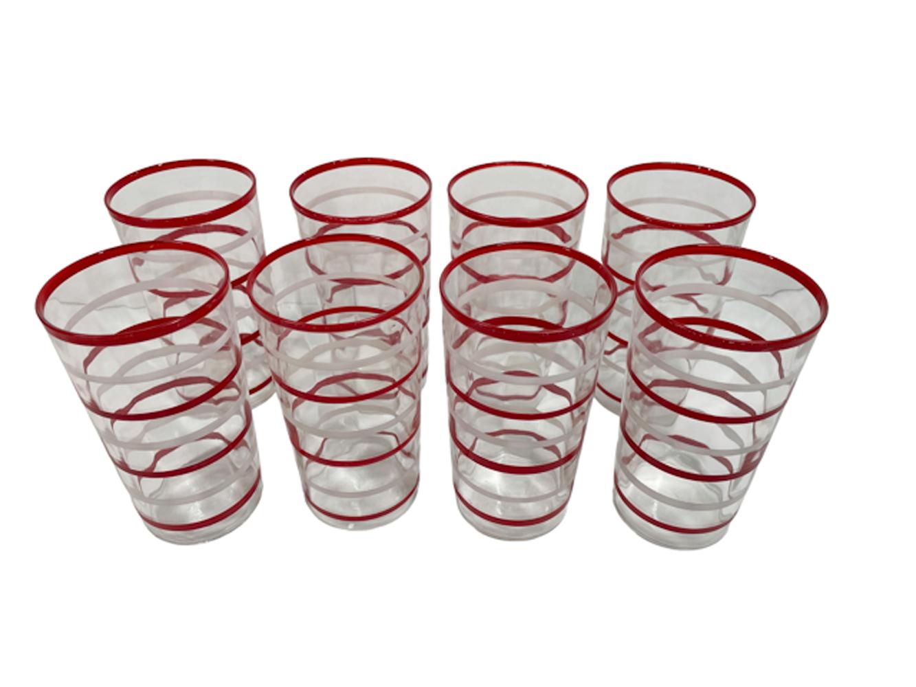 American 15 Piece Hand Painted Art Deco Cocktail Shaker Set with Red and White Bands For Sale