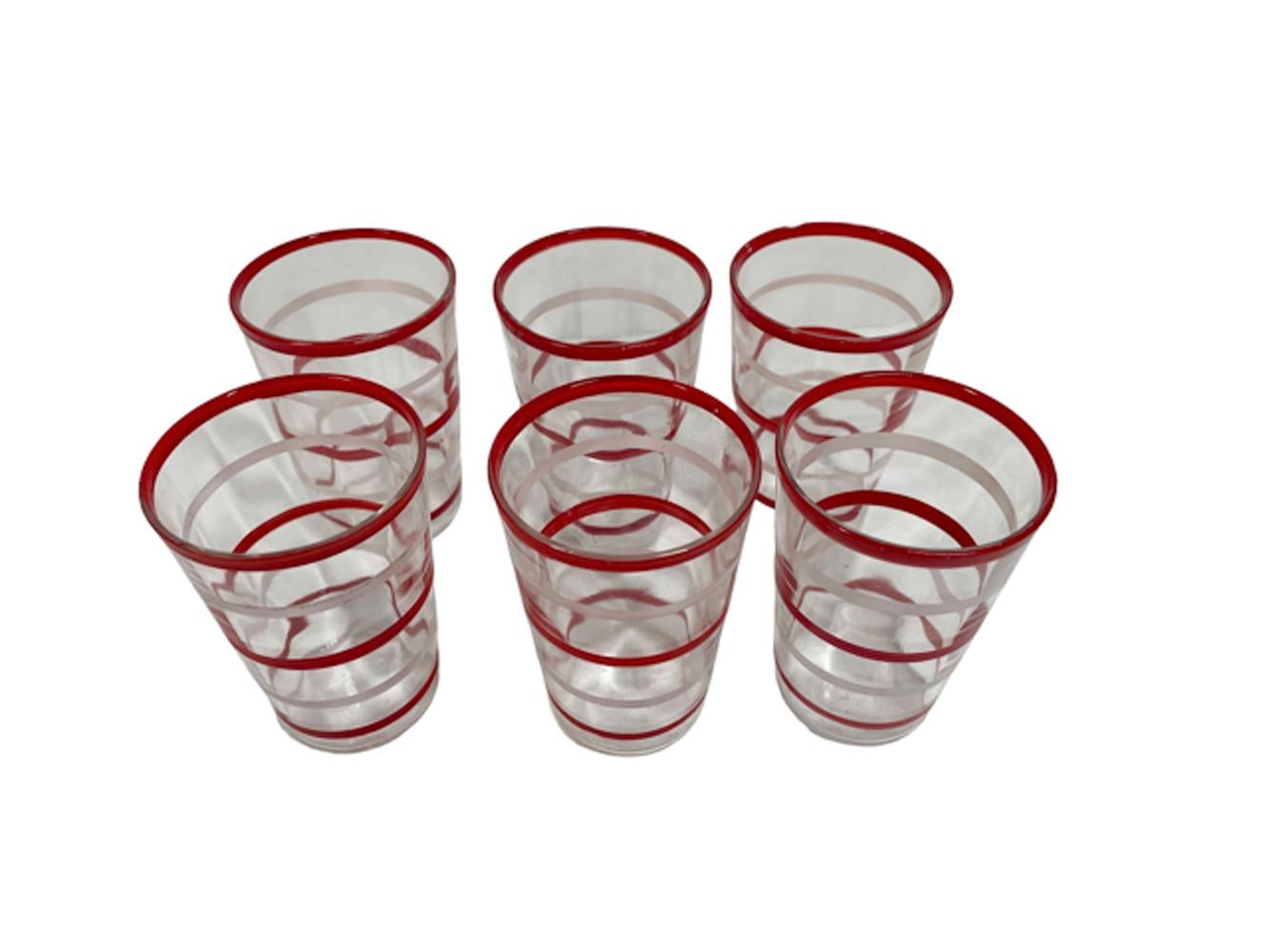 15 Piece Hand Painted Art Deco Cocktail Shaker Set with Red and White Bands In Good Condition For Sale In Chapel Hill, NC
