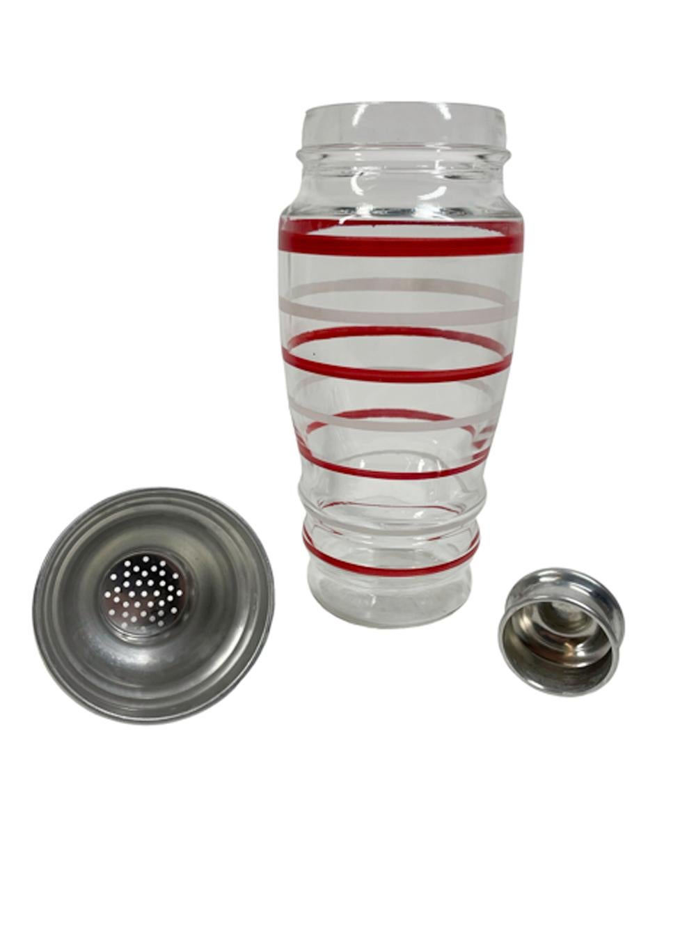 Aluminum 15 Piece Hand Painted Art Deco Cocktail Shaker Set with Red and White Bands For Sale
