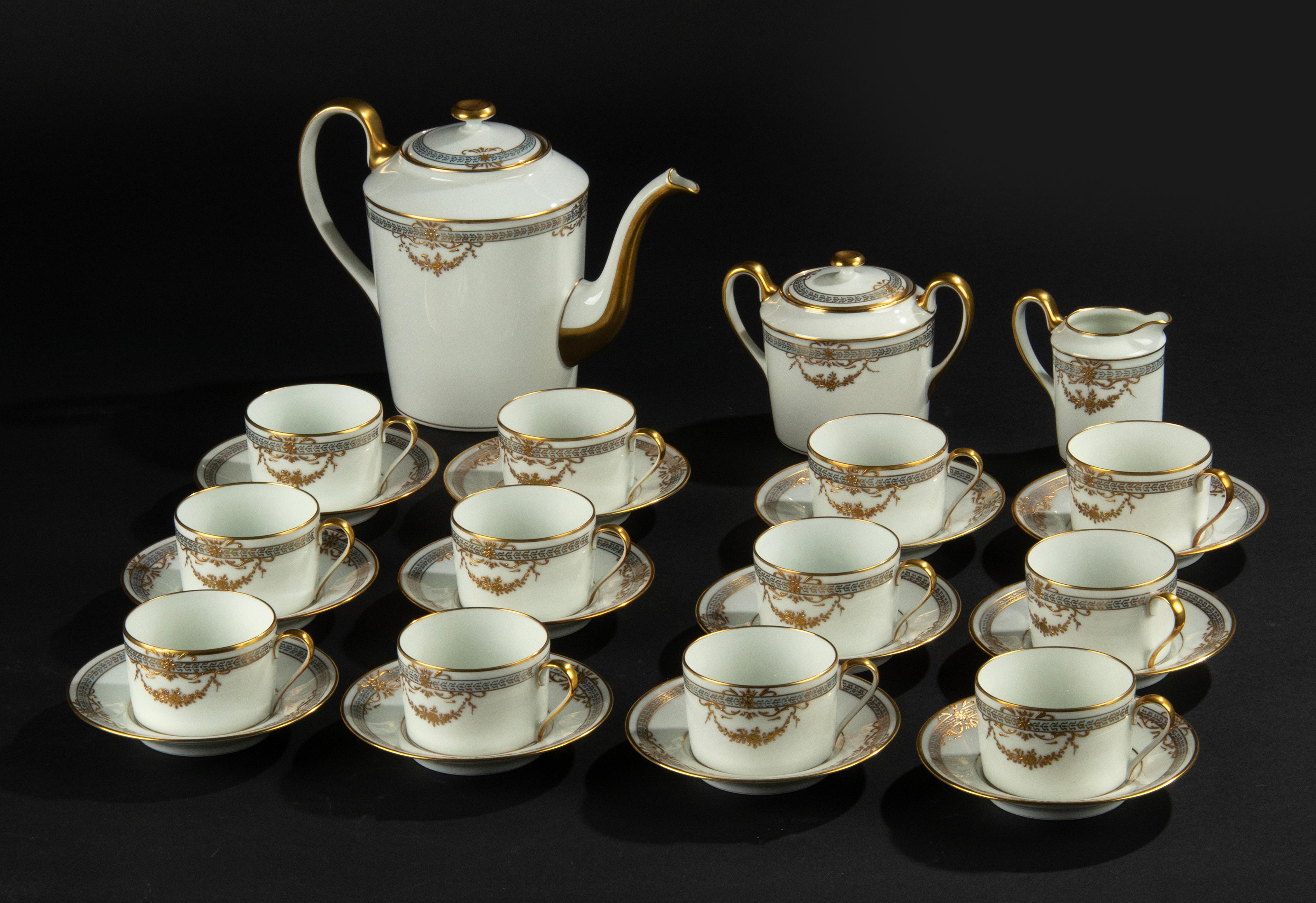 A beautiful porcelain tea set, made by the French brand Royal Limoges. 
This set is decorated with a light blue trim and elegant gold accents in relief: 'or en relief'. The porcelain is of a great quality, very refined. 
This set is in top