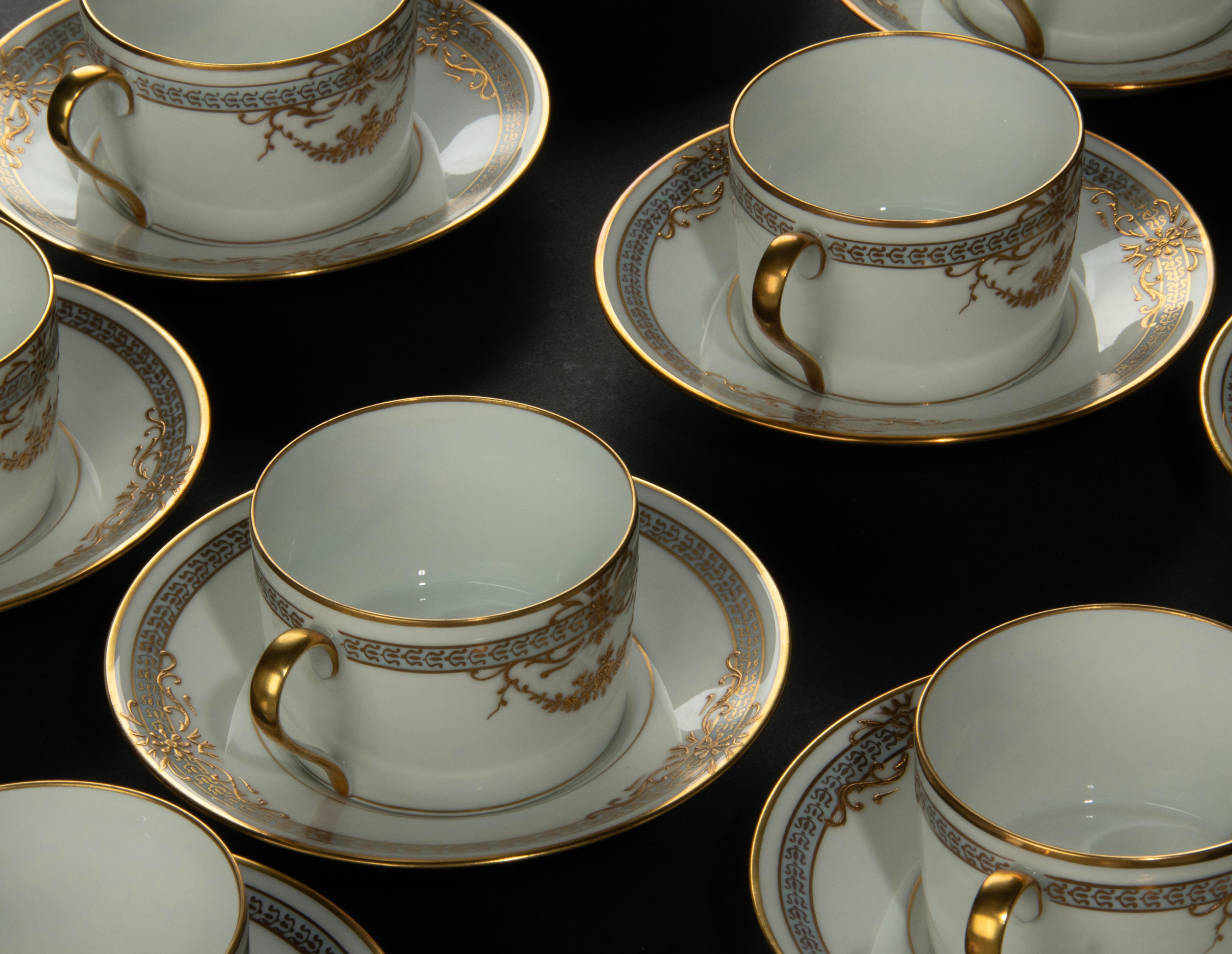 French 15-Piece Porcelain Tea Set, Royal Limoges, Relief Gilded 