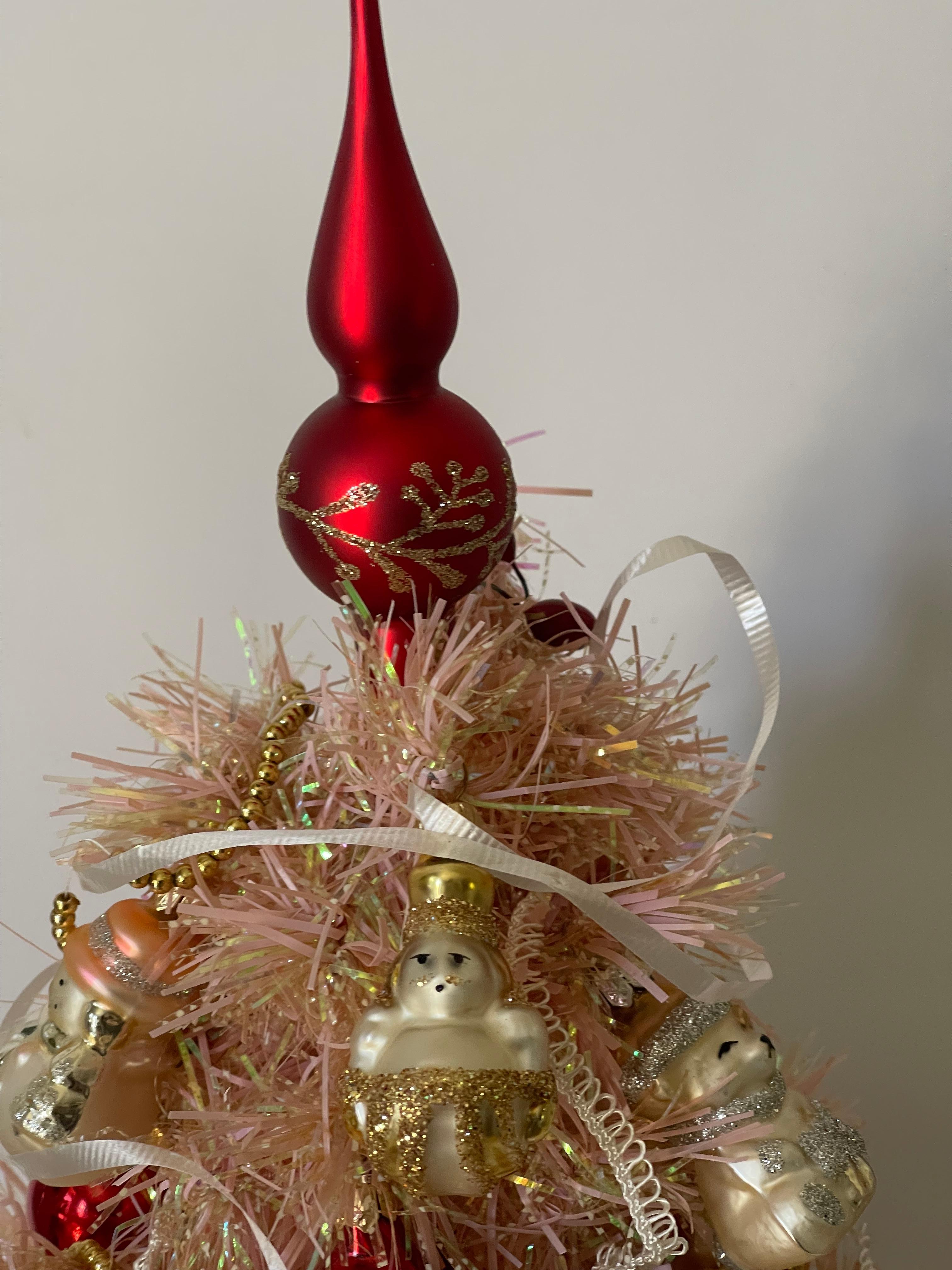 Late 20th Century 15” Pink Christmas Trees w Miniature German Ornaments For Sale