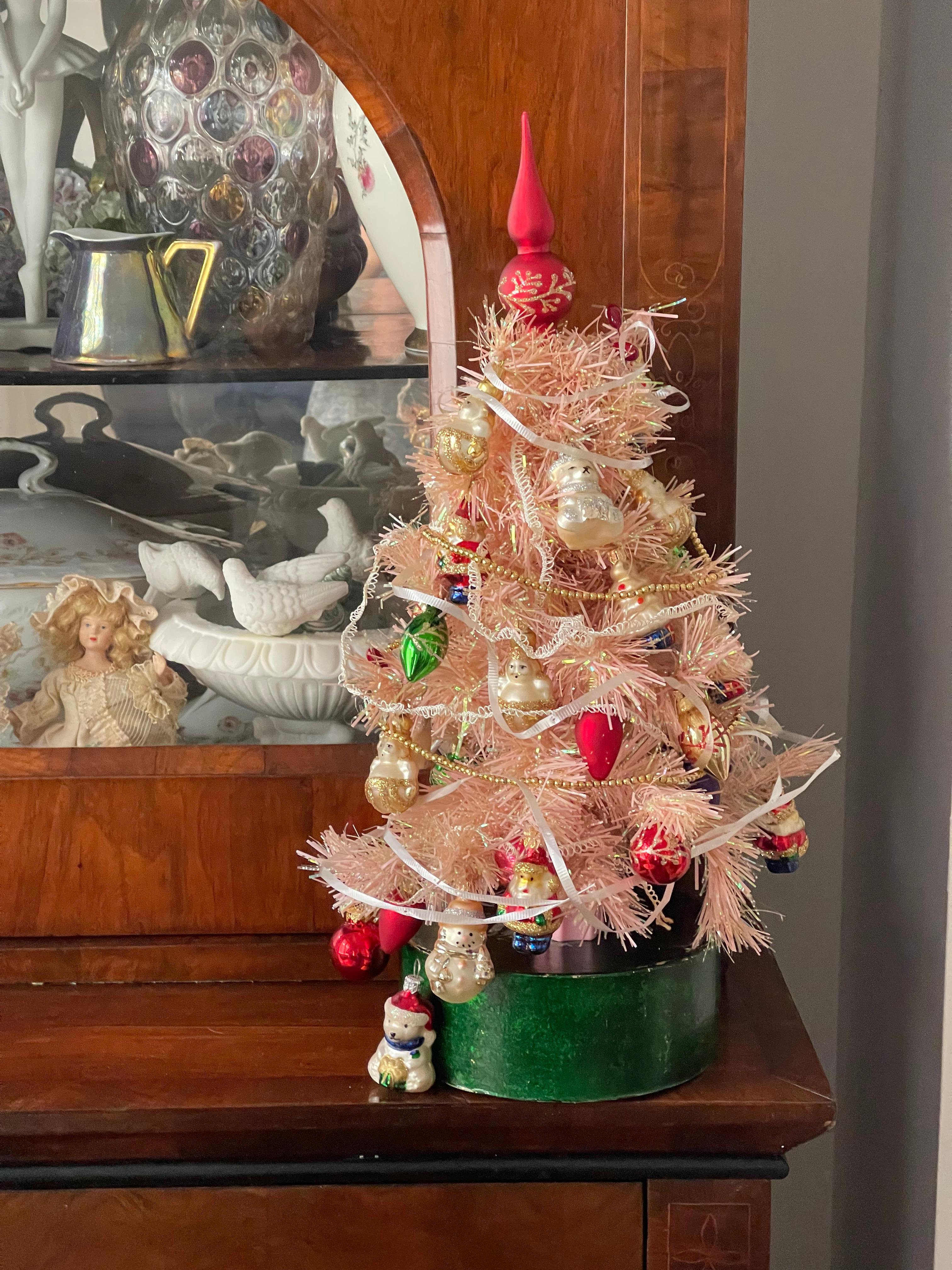 15” Pink Christmas Trees w Miniature German Ornaments For Sale 1