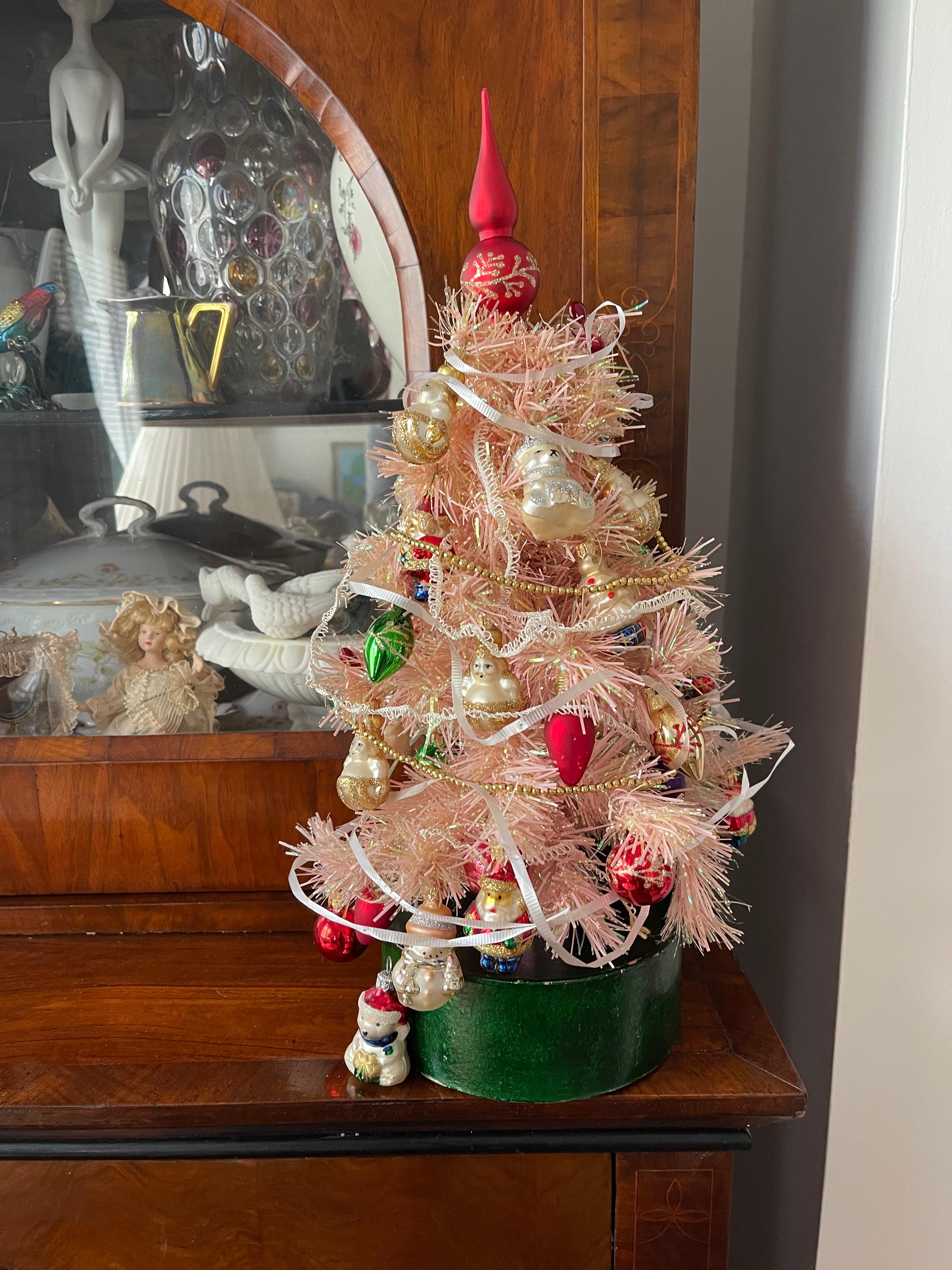 15” Pink Christmas Trees w Miniature German Ornaments For Sale 2