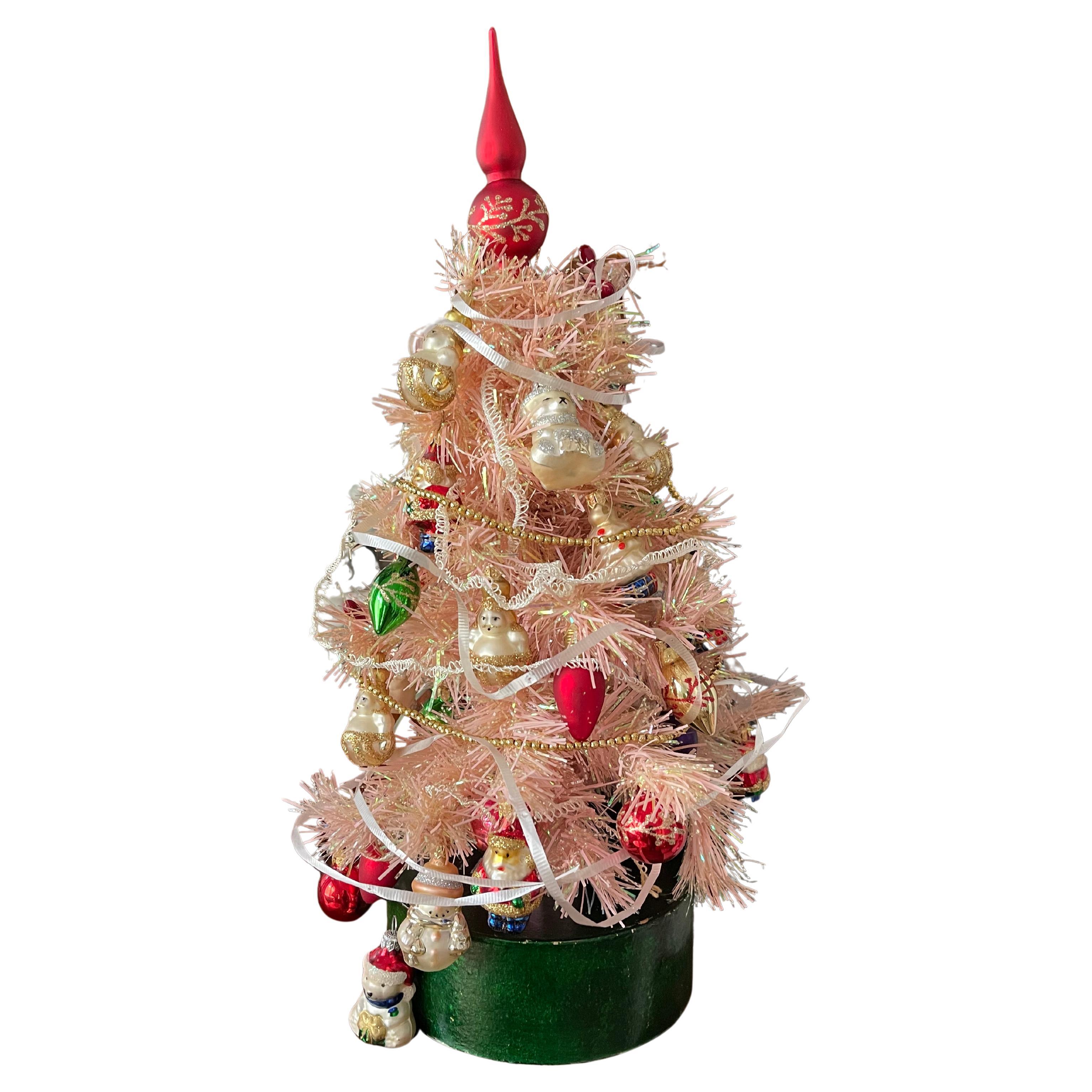 15” Pink Christmas Trees w Miniature German Ornaments For Sale