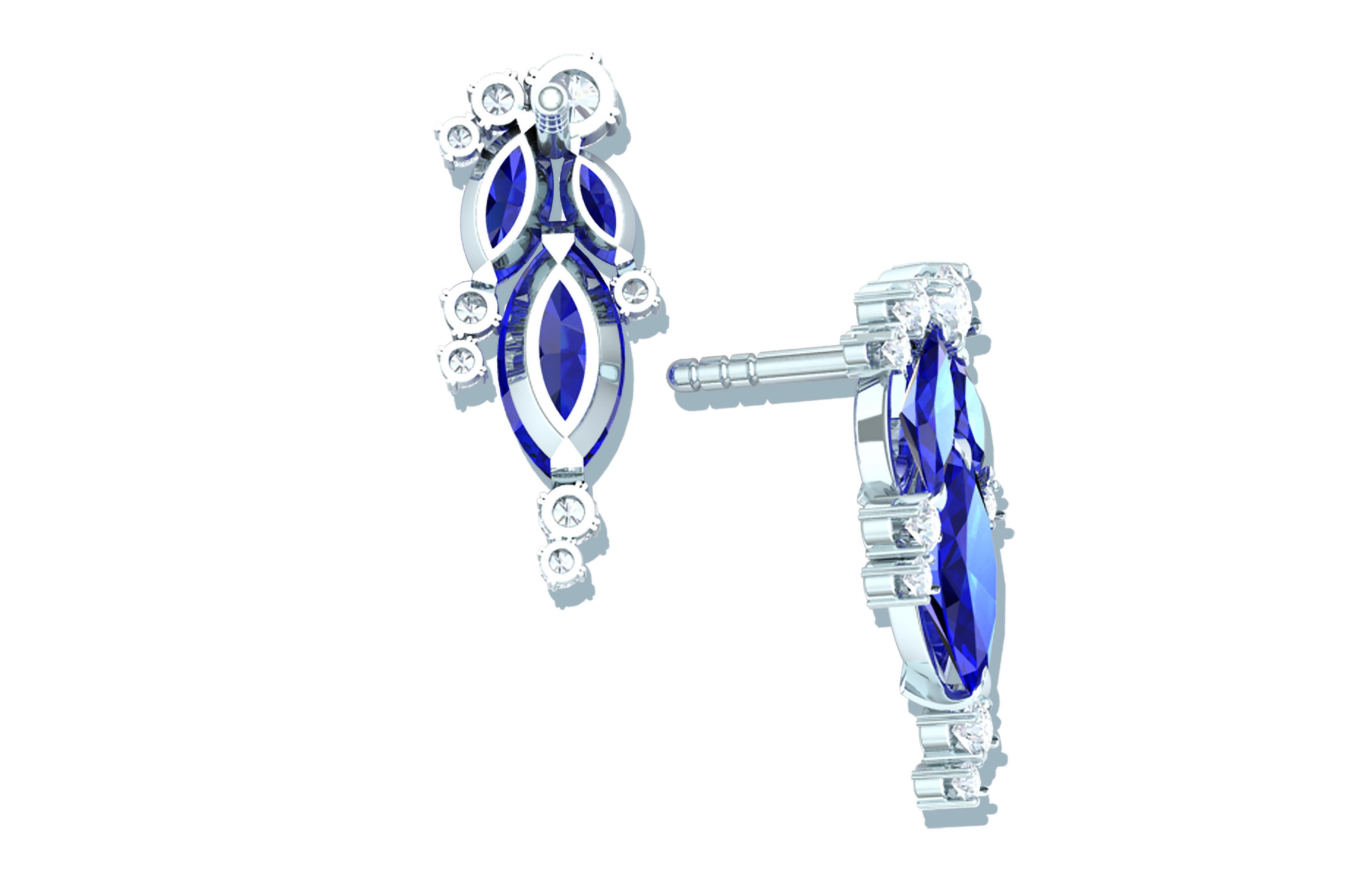 Modern 1.5 Sapphire and Diamond Cluster Drop Earrings White Gold For Sale