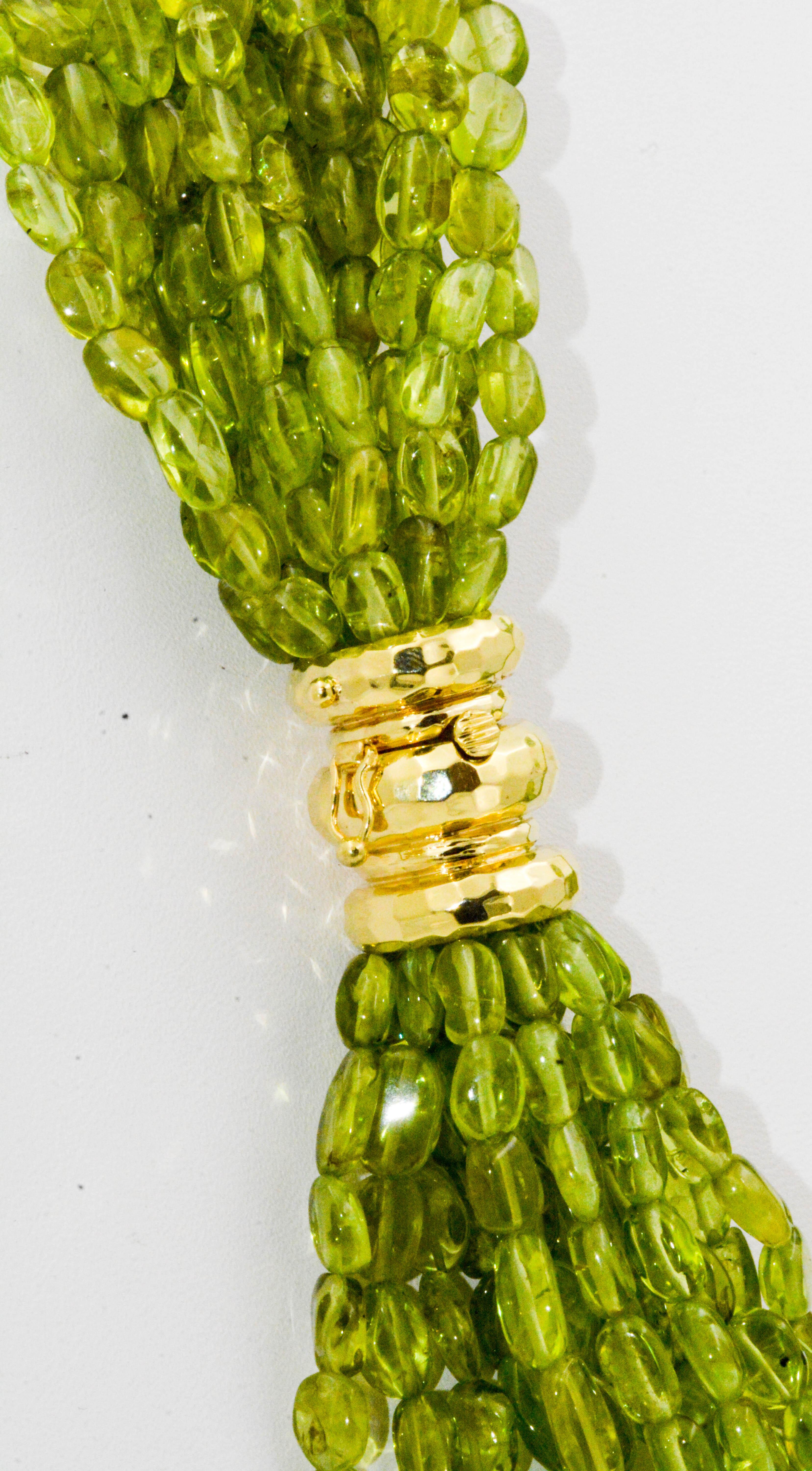 15 Strand Torsade Peridot Beads with 18 Karat Yellow Gold Clasp In Excellent Condition In Dallas, TX