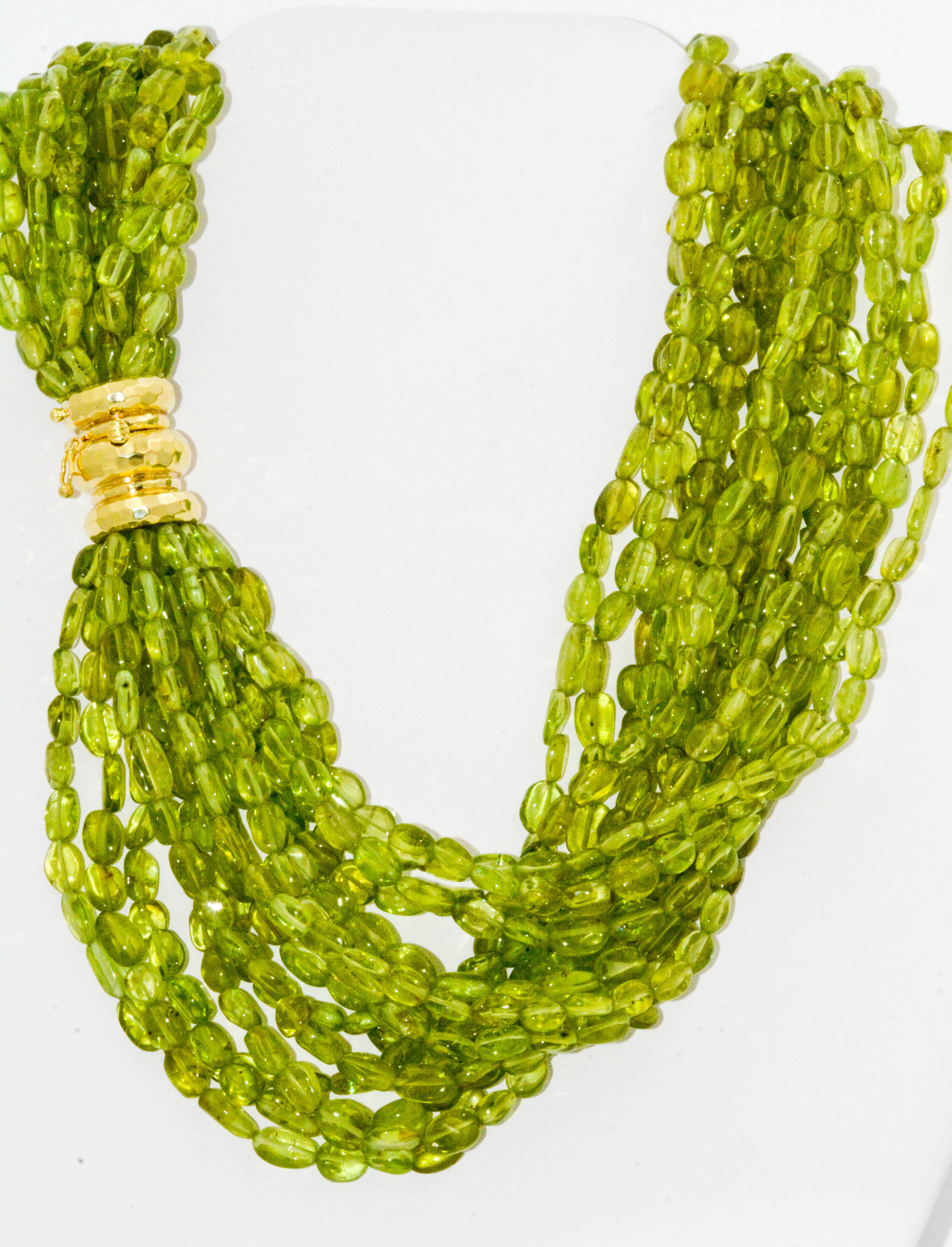 Women's or Men's 15 Strand Torsade Peridot Beads with 18 Karat Yellow Gold Clasp