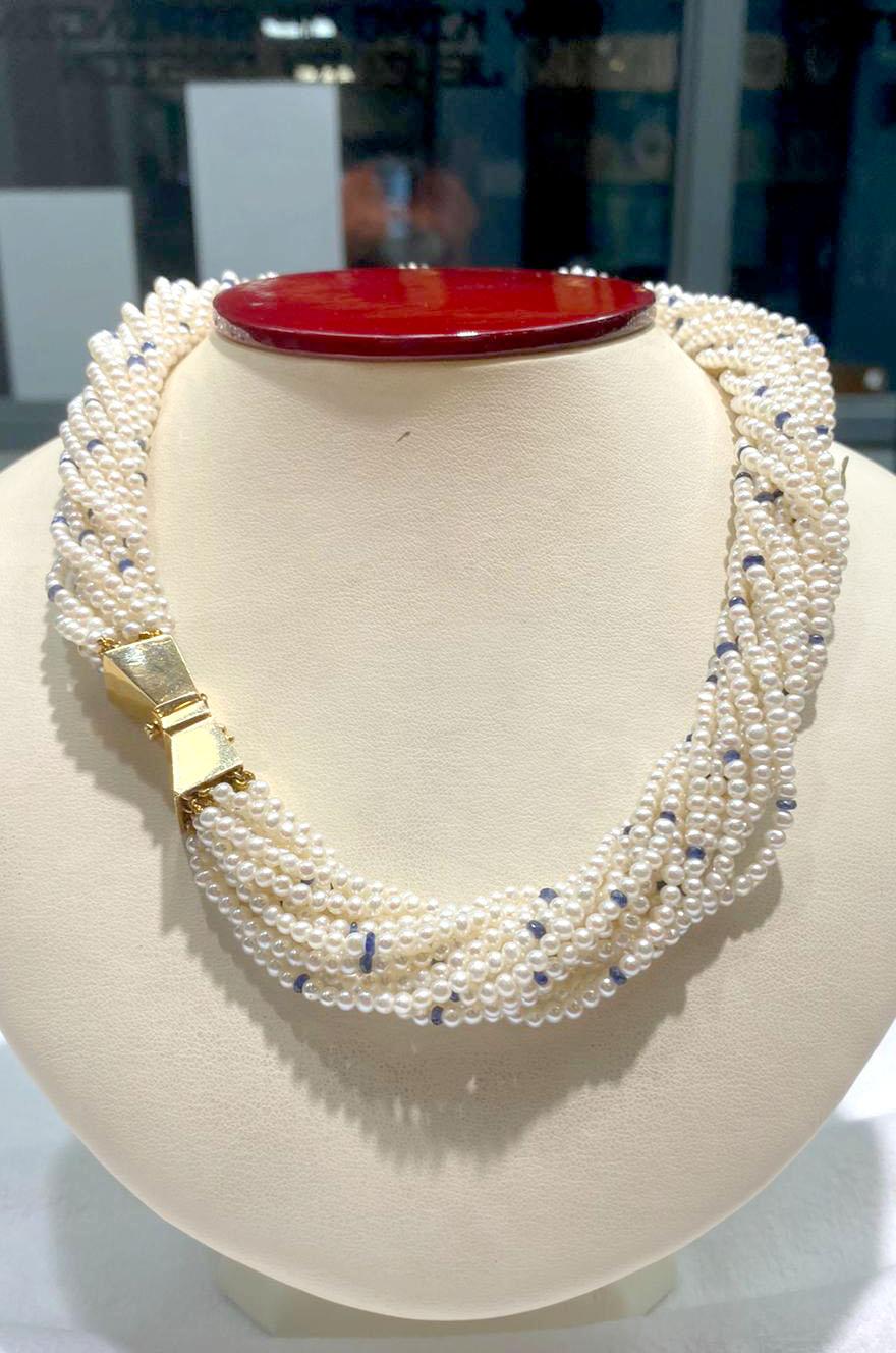 Round Cut 15 Strands of Biwa Pearls with Sapphire Beads and a 14k Yellow Gold Clasp For Sale
