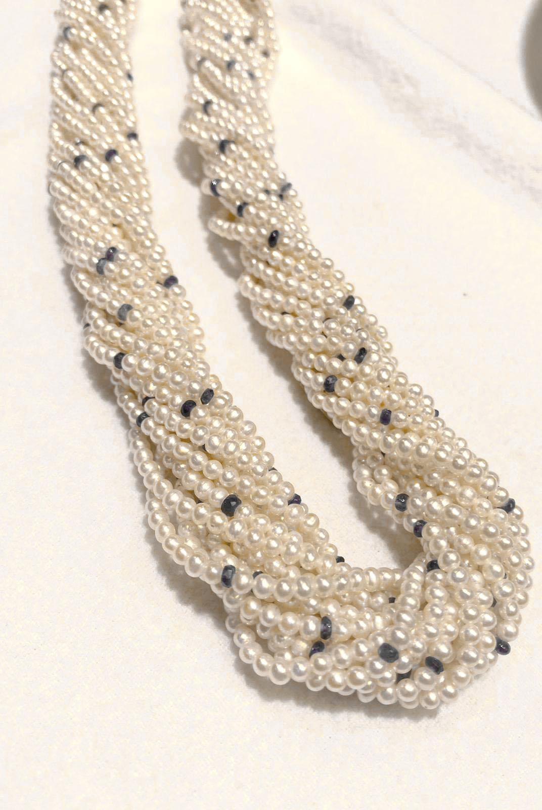 15 Strands of Biwa Pearls with Sapphire Beads and a 14k Yellow Gold Clasp In New Condition For Sale In LA, CA