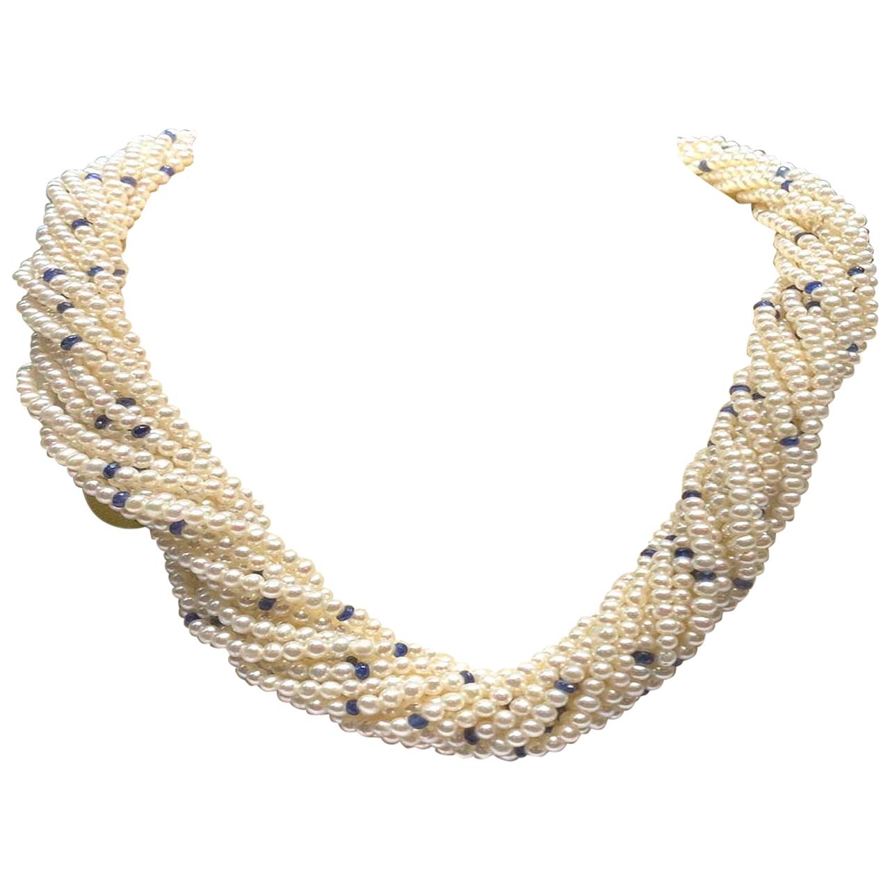 15 Strands of Biwa Pearls with Sapphire Beads and a 14k Yellow Gold Clasp For Sale
