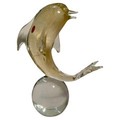 15" Tall Murano Art Glass Dolphin Sculpture With 24 Karat Gold Flecks on Sphere