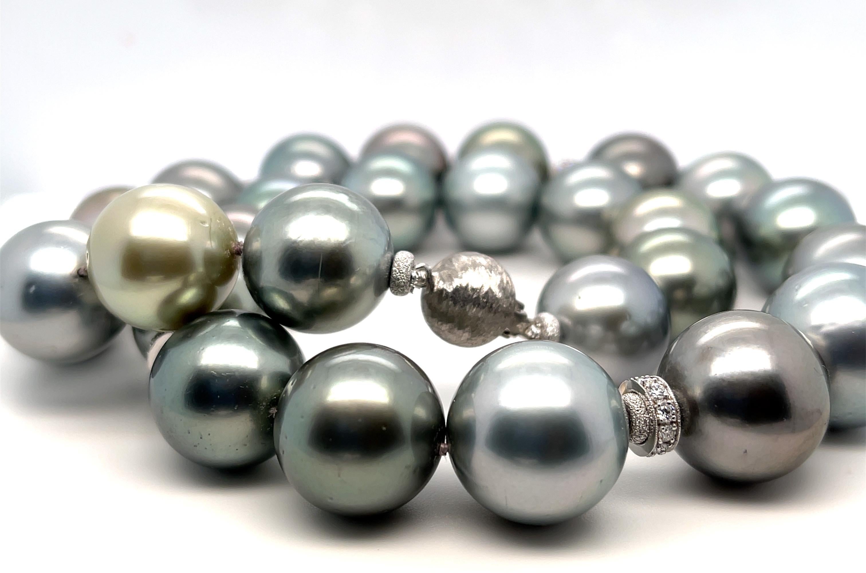 Bead Silver Gray South Sea Pearl Necklace with Diamond and White Gold Accents For Sale