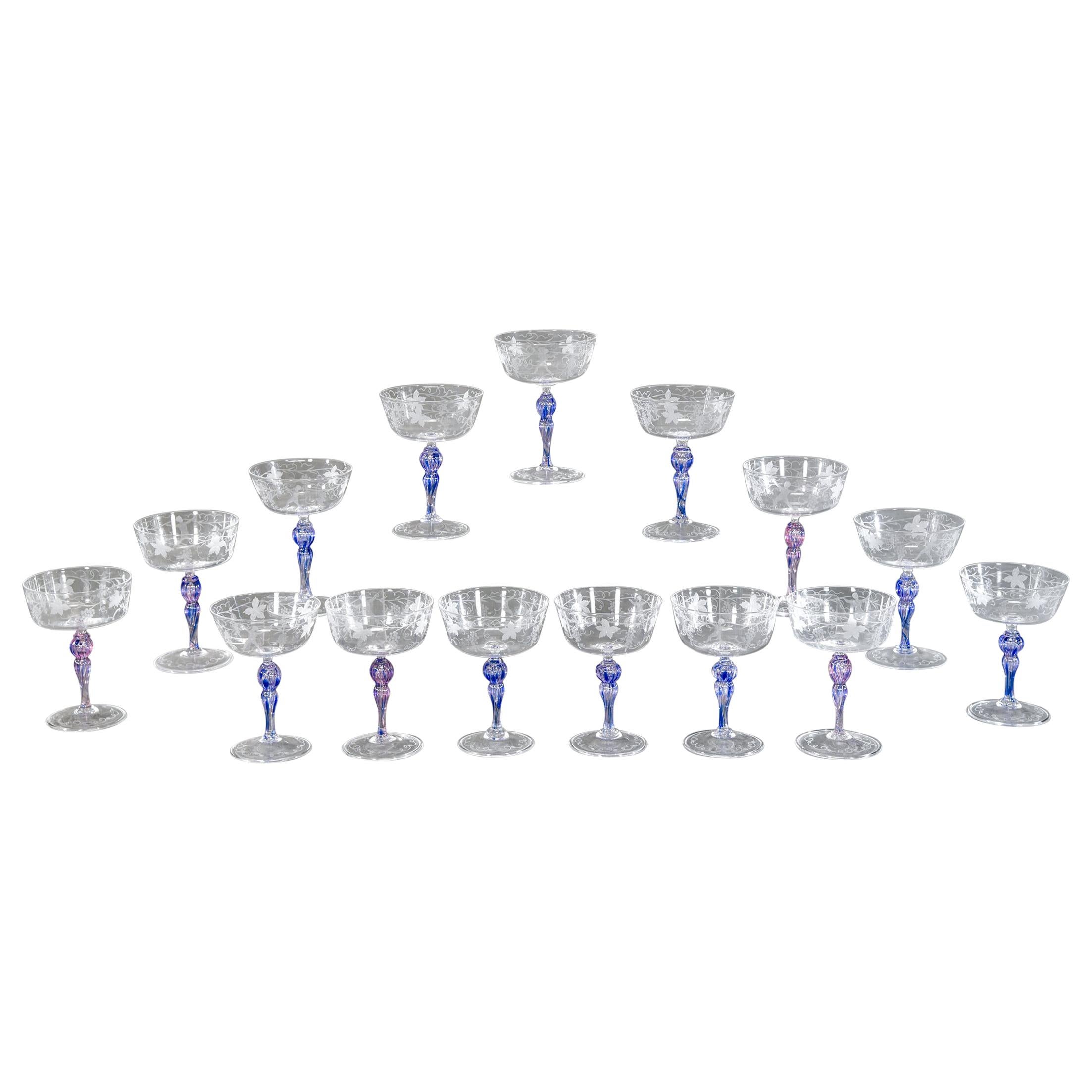 15 Venetian Bacchus and Grape Vine Engraved Champagne Coupes with Purple Stems For Sale