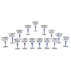 15 Venetian Bacchus and Grape Vine Engraved Champagne Coupes with Purple Stems