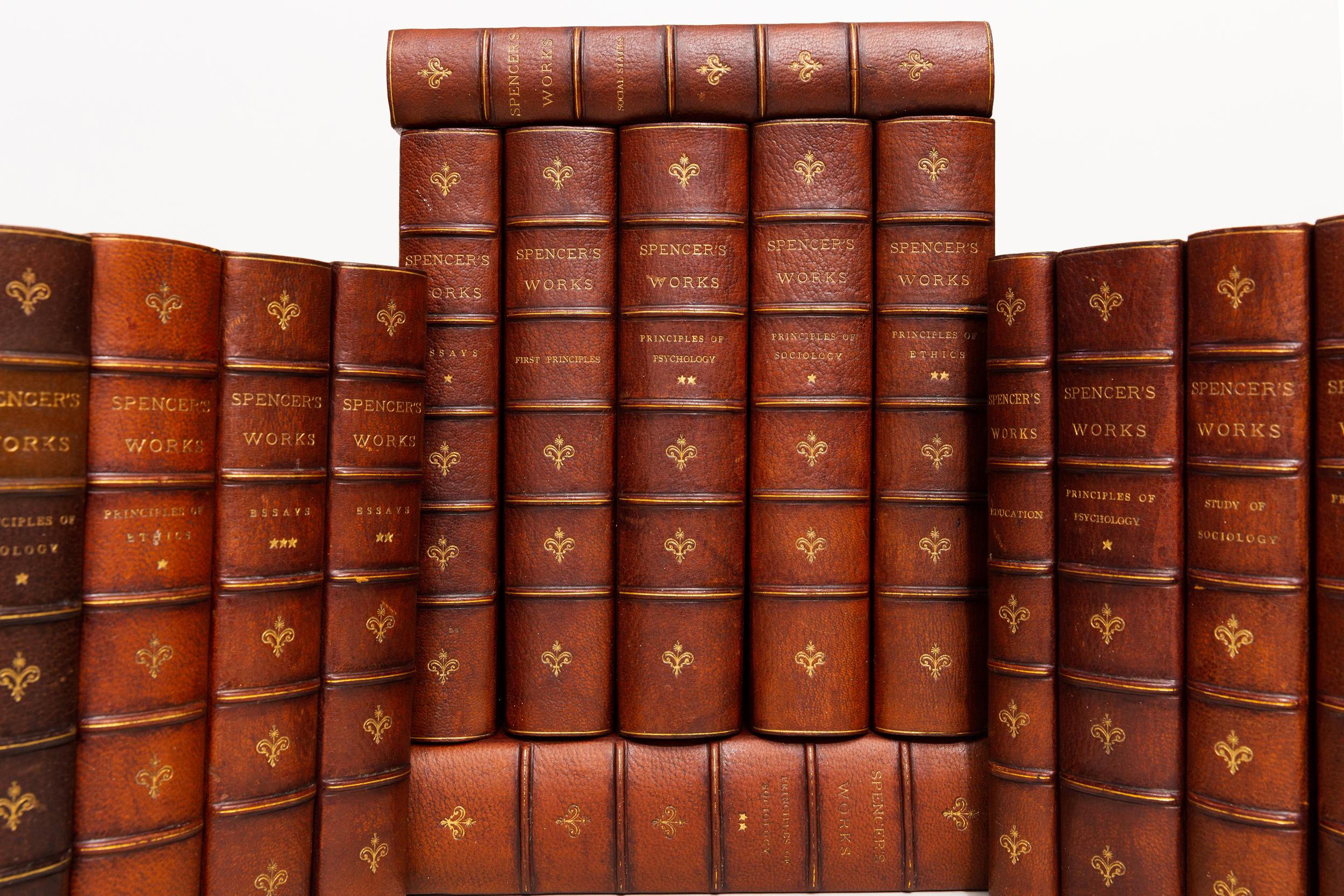 15 Volumes. Herbert Spencer, The Works of Herbert Spencer. Includes The Principles of Sociology, Social Statistics, Principles of Psychology, and more. Bound in 3/4 brown morocco. Marbled boards. Raised bands. Top edges gilt. Marbled endpapers.