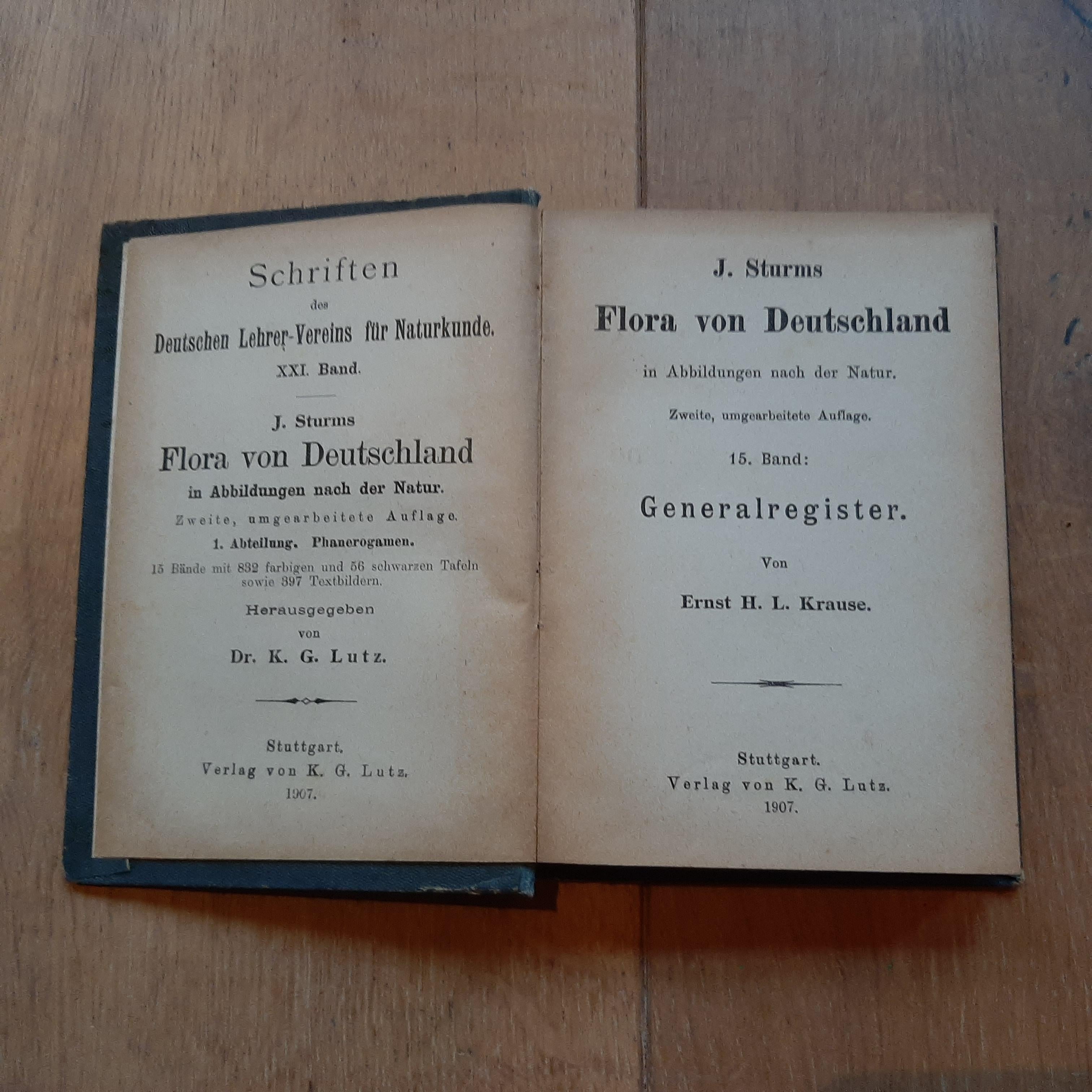 15 volumes of 'Flora von Deutschand' by J. Sturm. Published 1906-1907. 2nd rev. ed., 15 vols., 888 (chromo)lithogr. plates, num. ills., orig. unif. hcl.