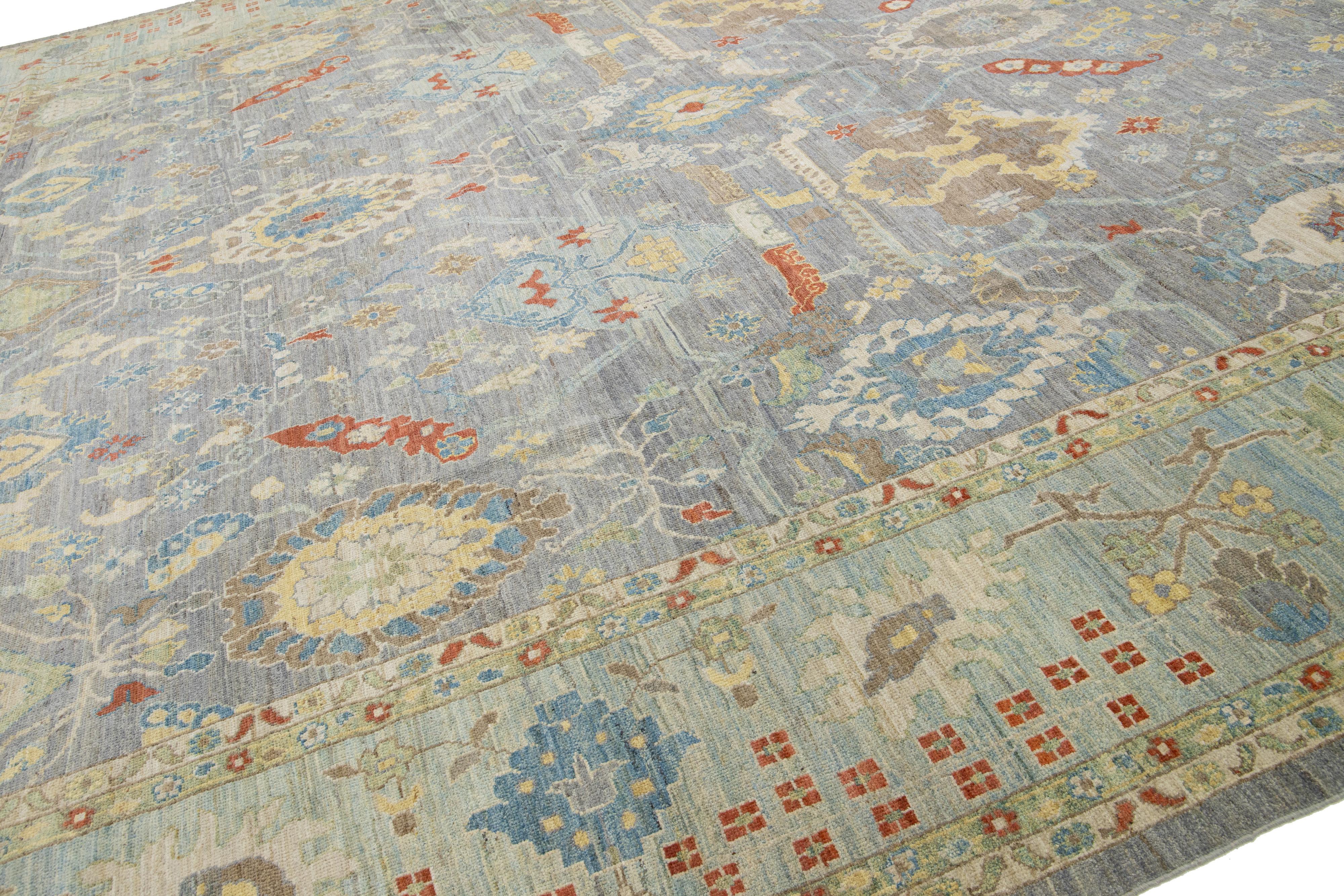 15 x 17 Apadana's Modern Sultanabad Allover Designed Wool Rug Handmade In Gray For Sale 4